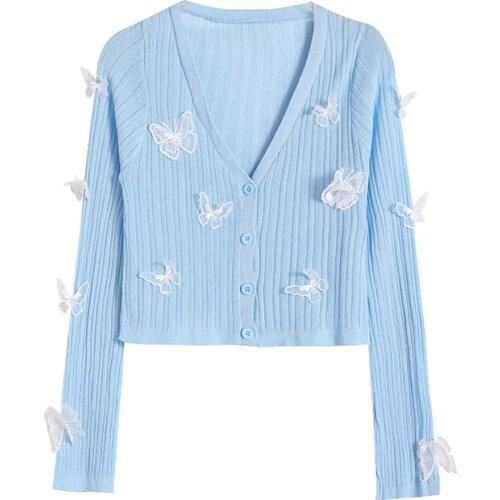 Korean Style V-neck Short Knitted Sweaters Women Thin Cardigan Fashion Sleeve Sun Protection Crop Butterfly Top new fashion2021