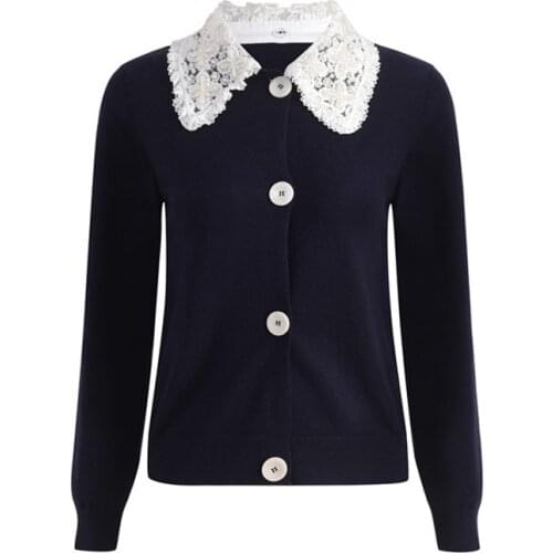 2020 Autumn Winter Navy Blue Kni Christmas Women Sweater Cardigan Runway Luxury Pearl Lace Doll Collar Coat Outwear Clothes
