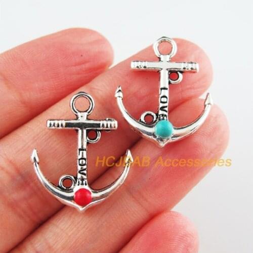 15 New Anchor Charms Tibetan Silver Tone Red & Blue Stone Love Pendants 18.5x22mm