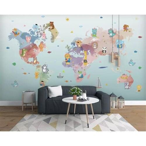 Beibehang Custom wallpaper 3d murals hand drawn cartoon world animal map children room mural background wall mural 3d wallpaper