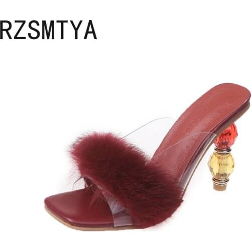 Sexy Blue Fur Sandals Women Real Fox Fur Slides Home Furry High Heels Sandals Female Cute Fluffy Pvc Shoes Woman Brand Luxury