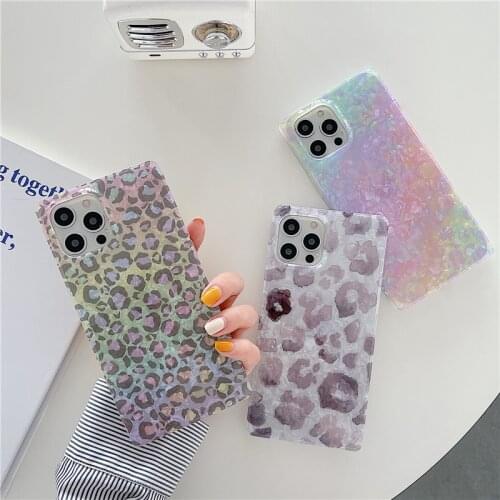 Square Leopard Printed Glitter Case for iPhone 12 Pro Max 11 7 8 Plus XS MAX XR X Clear Silicone Luxury Conch Cover SE 2020