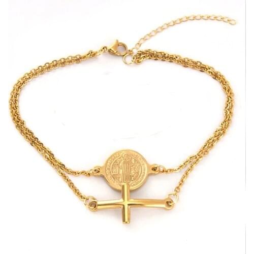 Double Layers Saint Benedict Medal Cross Charm Bracelets For Women Gold/Silver Color Stainless Steel Rolo Chain Bracelet Femme
