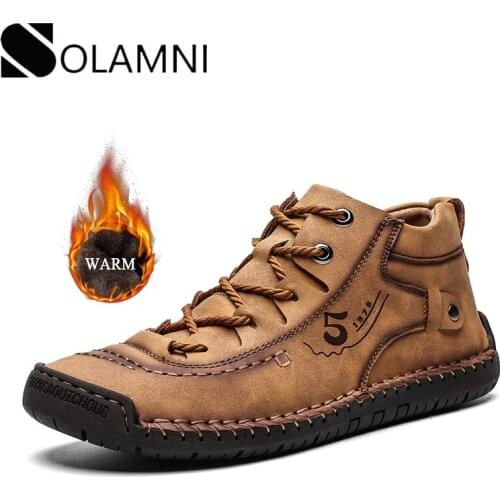 Classic Mens Ankle Boots Winter Warm Fur Leather Boots For Male Comfortable Anti-Slip Plush Boots Lace Up Flat Shoes Big Size 48