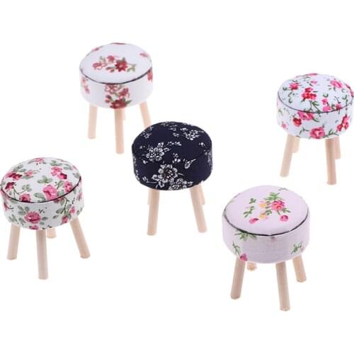Min Round Floral Stool Chair ACC for Dolls House Decor Kids Children Pretend Play Toy 1/12 Scale Dollhouse Miniature Furniture