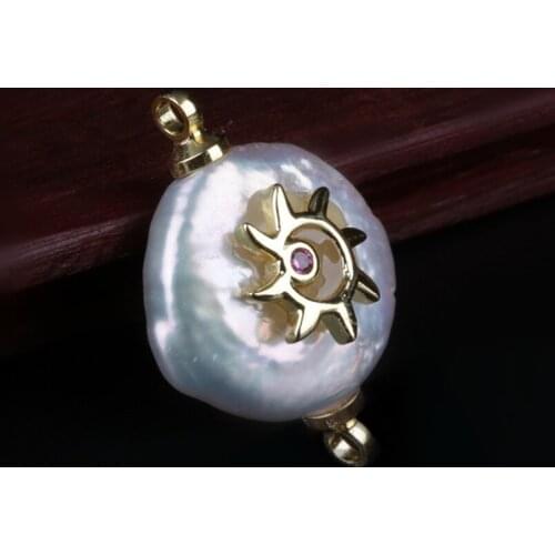 Tiny gold wine red cz zircon hot sun sunburst sunflower charm real freshwater pearl connector pendant bead jewelry finding