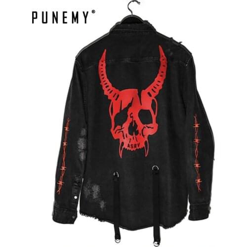Denim Jacket Men Rock Funny Gothic Style Punk Skulls Hip Hop Streetwear Retro Oversize Frayed Hole Embroidery Mens Jacket