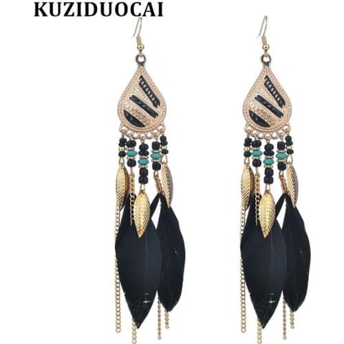 Kuziduocai New Fashion Jewelry Bohe Natural Feather Beaded Droplet Leaves Tassel Statement Drop Earrings For Women Aretes A-205
