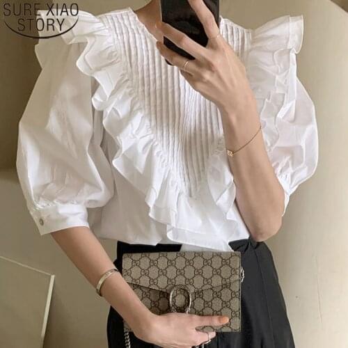 Ruffles Summer Puff Short Sleeve Blouses Women Tops Korean Sweet Blusas Stitched Loose Bubble Sleeve Shirt Tops for Girl 14326