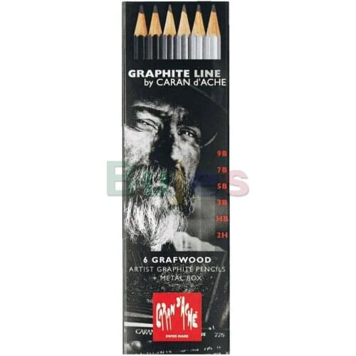 Caran D'ache Graphite Line metal box with 1 each 9B, 7B, 5B, 3B, HB, and 2H grey