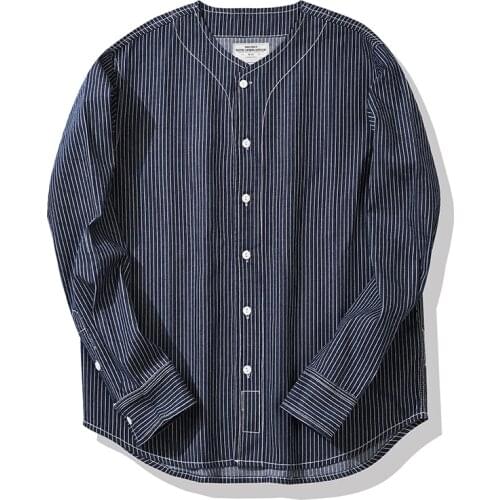 Autumn 2020 Okonkwo Japanese Baseball Collar Denim Shirt Outdoor Camping Climbing Trekking Cycling Mens Stripe Long Sleeve Tops