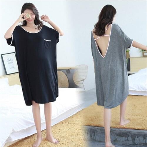 Nightdress Modal female summer large size пижама fat mm sexy dress backless loose short sleeve pregnant women skirt Sleepwear