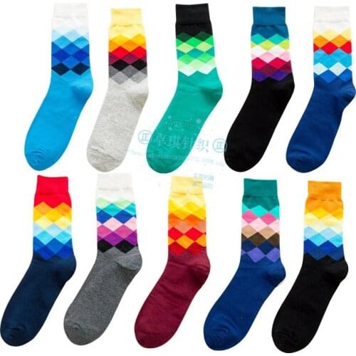 10Pairs Hot Sale Fashion Brand Quality Mens Happy Socks 10Colors Striped Plaid Socks Men Combed Cotton Calcetines Largos Hombre