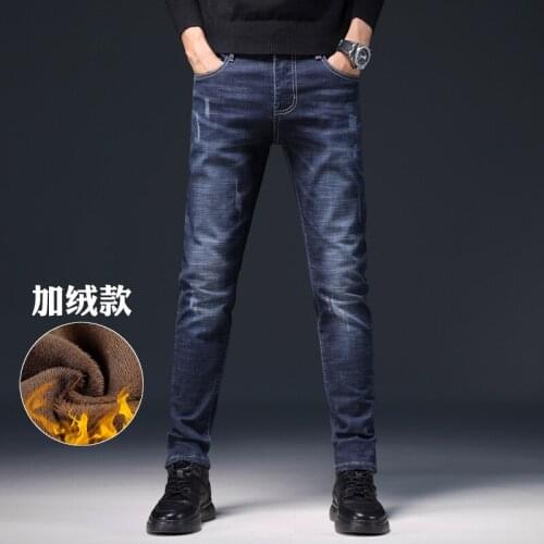 2021 autumn and winter new style plus velvet thickening trend stretch slim fit small feet small straight mens jeans mens cloth