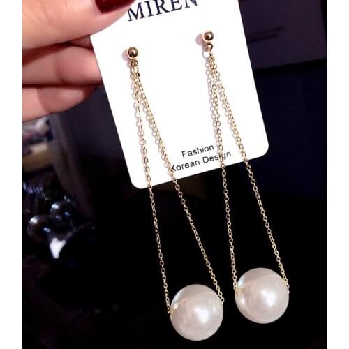 RscvonM New Woman Drop Earring Big Simulated Pearl Long V style Tassel Dangle Earrings High Quality Personality Fashion Jewelry