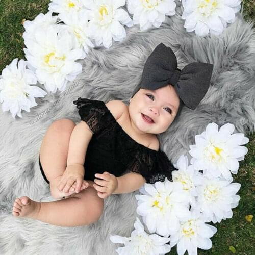 Baby Solid Bodysuit Clothes 2Pcs Newborn Babies Girl Clothing Off Shoulder Lace Ruffle Playsuit+Headband Summer Outfit