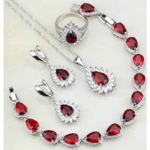 Fire 925 Silver Jewelry Red Cubic Zirconia White CZ Bridal Jewelry Sets For Women Party Necklace/Earrings/Bracelet/Pendant/Ring