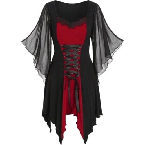 Autumn Women T-shirt 2020 Goth Plaid Shirts Female Plus Size S-2xl Halloween Tunic Ladies Patchwork Lace Sleeve Wine Red Tops