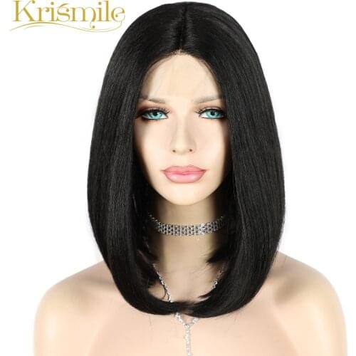 Krismile Lace Wigs Futura Fiber Synthetic Short Bob Wig Middle Part Black Wig for Women Party Daily Wear High Temperature Gift