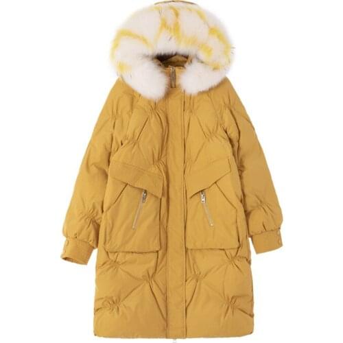 Luxury Winter Women Down Parkas Coats Fox Fur Hoody Lady X-Long Overcoats Female Warm Clothing VF9103