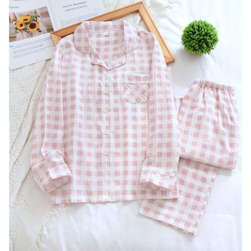 Couples Comfortable Cotton Pajamas Spring and Autumn Mens Gauze Plaid Plus Size Home Service Ladies Long-sleeved Cotton Yarn