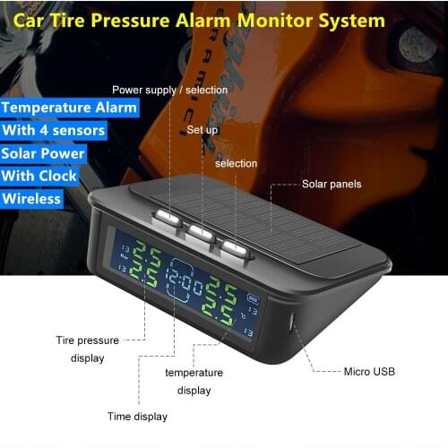 TPMS Car Tire Pressure Monitoring System Wireless Solar LCD Display Tyre Temperature Alarm Warning System with Clock 4 sensors