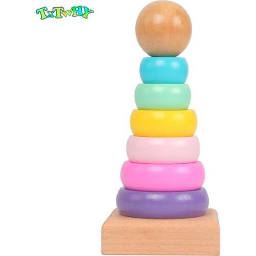 Warm Color Rainbow Stacking Ring Tower Stapelring Blocks Learning Educational Toys For Children Rainbow Stack Up Wood Toys