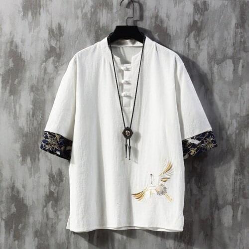 Summer Crane Embroidery Top Traditional Chinese Clothing For Men Vintage Shirts Asian Streetwear Tang Suit Kung Fu Clothes 30433