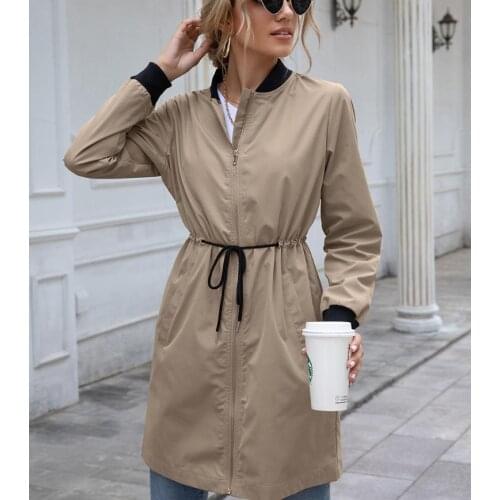 Outdoor Waterproof Long Bodycon Trench Women Autumn Long Sleeve Stand Collar Cardigan with Slant Pocket Drawstring Dust Outwear