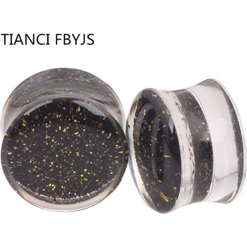 Transparet Flesh Tunnel Plug No-Screw Fit Ear Piercing Gauge Stretching Expander Jewelry Black Glitter Earring Earlets
