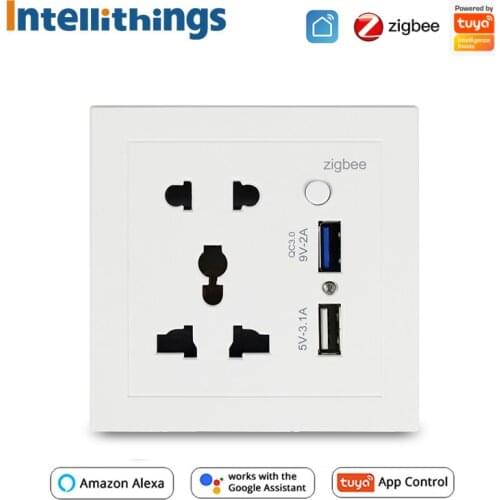 Intellithings Tuya Zigbee Universal Outlet Smart Plug Socket Two USB Port 10A 100 240V App Remote Control Alexa Google Home