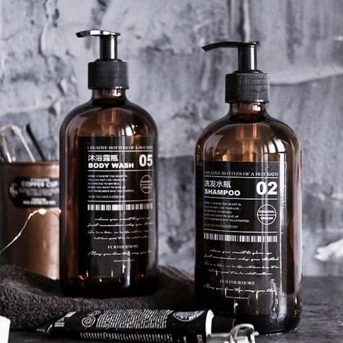 Bathroom 500ml Soap Dispenser Brown Glass Empty Refill Bottle for Shampoo Hand Washing Cleanser Essence Body Wash Bath Accessory