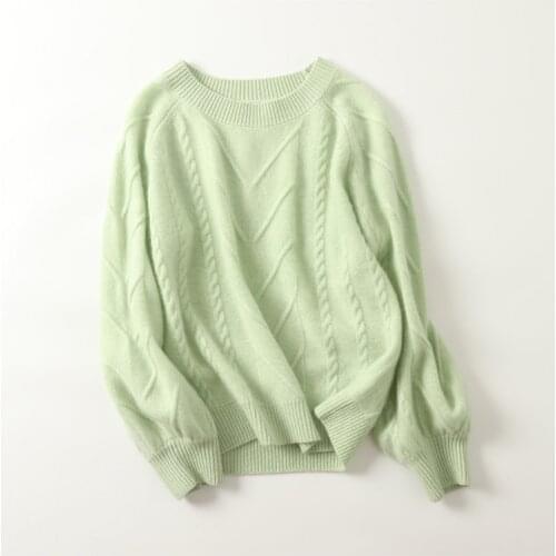 High quality 100% cashmere cable knitted sweater women europe fashion lantern sleeve pullovers for winter