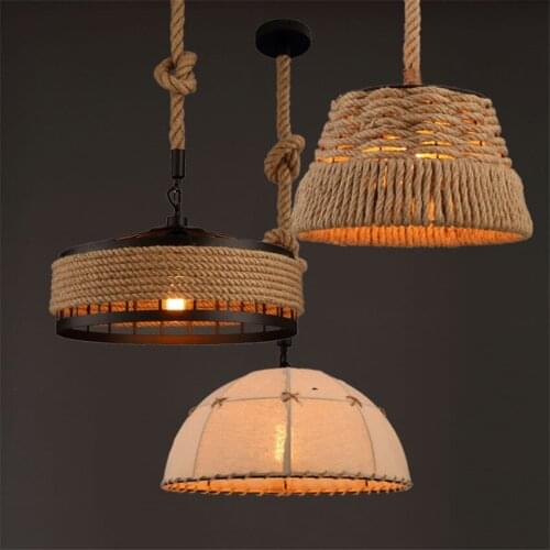 Hemp Rope Iron Pendant Lights Loft Retro Industrial Living Room Bar Card Seat Lamps American Dining Hanging Lights Fixtures
