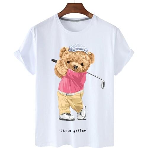 High Quality Golf Bear Print Cotton Short-sleeved O-neck Loose Casual Top T-shirt Women Oversized T-shirt Half Sleeve S-3XL