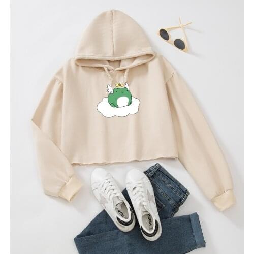 Fall 2021 Women Cropped Hoodie Cute Angel Frog Cartoon Printing Oversized Pullover Sweatshirt Drawstring Crop Top Kawaii Style