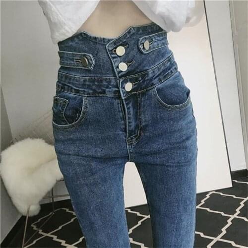 Women High Waist Jeans Woman Sexy Blue Elastic Skinny Pencil Pants Female Plus Size Jean Femme Button Wash Denim Trousers Girl