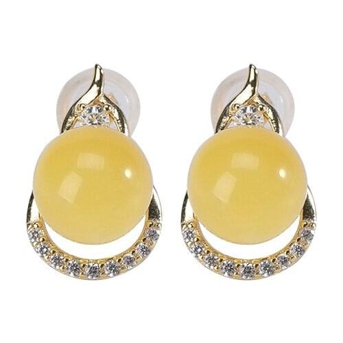 S925 sterling silver gold-plated natural amber beeswax stud earrings retro elegant gourd round beads womens earrings