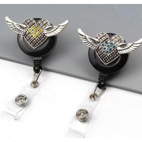 10pcs Fashion Rhinestone vintage color 4style heart wing Retractable ID Badge Holder reel for gift/party
