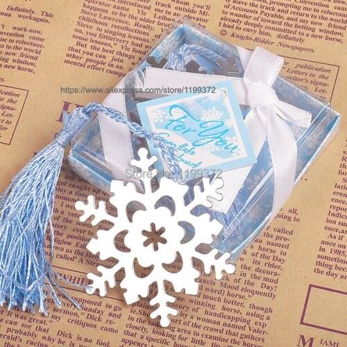 100pcs Snowflake Bookmark Stainless Steel Winter Bridal Shower Blue Tassel Wedding Party Event Favors Gift
