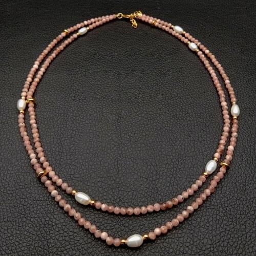 2 rows Natural faceted round Pink Rhodochrosite Cultured white rice Pearl Necklace 17"