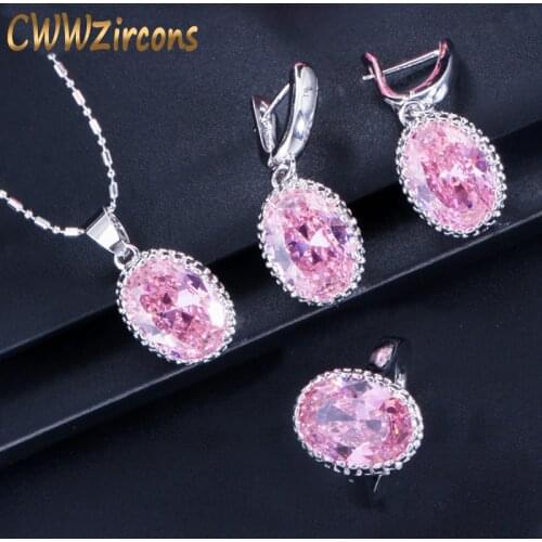 CWWZircons Round Purple Pink Anstrian Crystal Ladies Jewelry Jewellery Sets 3 pcs CZ Pendant Necklace Earring and Rings T271