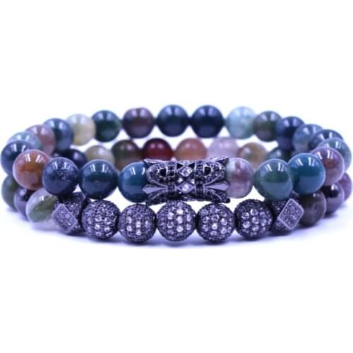 8mm 2PCS/Set rhrh3 elastic adjusted nature agate bead micro pave cz zircon cubic zirconia tube Bracelet Jewelry