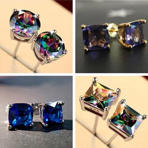AIYANISHI Trendy Women Earrings 925 Silver Jewelry Ornaments Square Round Gemstone Stud Earring for Wedding Engagement Gift