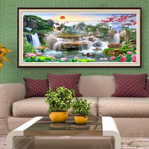 5D DIY Diamond Painting Waterfall Landscape Full Round Square Drill Flower Lotus Diamond Embroidery Cross Stitch Decor Home Gift