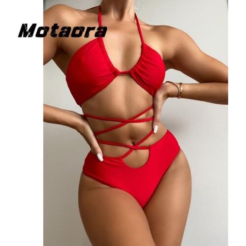 Push Up Bikini Solid Red Biquini Summer Beach Bathing Suit Swim Sexy Two Pieces Swimwear Women High Cut Bandage Swimsuits Female