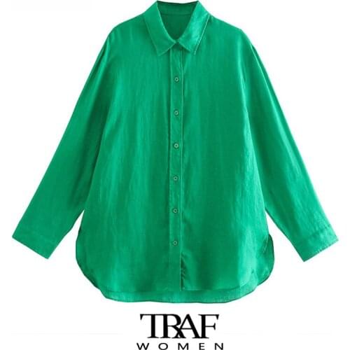 TRAF Za Women Fashion Loose Linen Asymmetric Green Blouses Vintage Long Sleeve Button-up Female Shirts Chic Tops