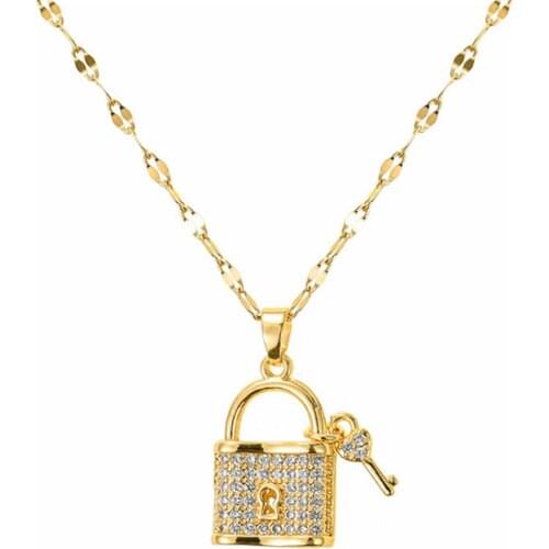 316L Stainless Steel Lip Chain Full Zircon Crystal Heart Lock Key Necklace Heart Necklace Acero Inoxidable Joyeria Mujer
