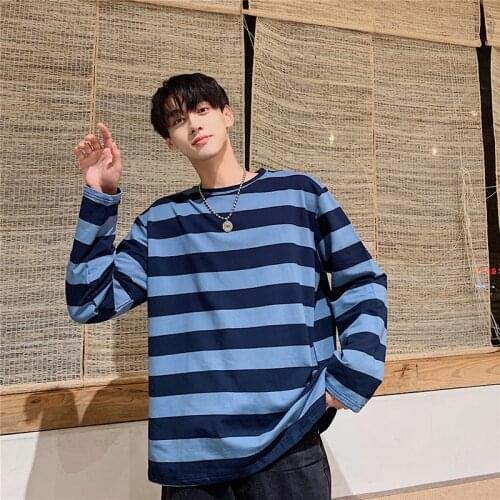 Autumn High-Quality Striped Cotton Mens T-Shirt Harajuku Long-Sleeved Casual All-Match 2021 Clothes Men Funny Street Simple Top