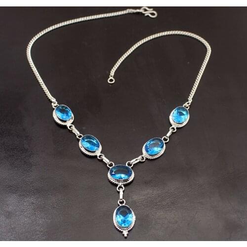 Hermosa Glowing Gems Stone Ocean BlueTopaz Silver Color Chain Charms Necklace 18.5 Inch A177